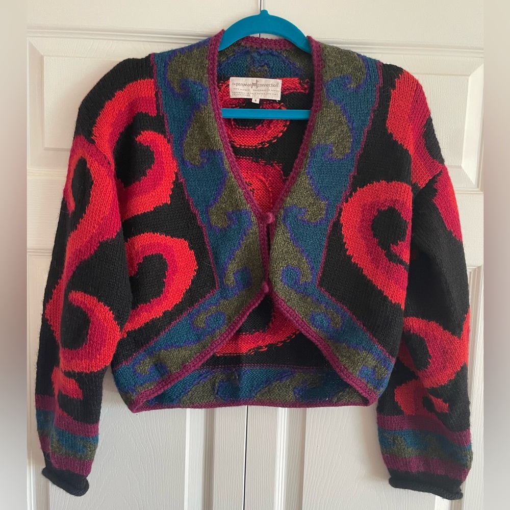 Gorgeous Vintage Peruvian Connection 100% Alpaca Red and Black Swirl Cardigan S